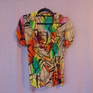 EUC COOL JUMP Wrap Around Plunging Neck Vibrant Abstract Sheer Surplice Shirt